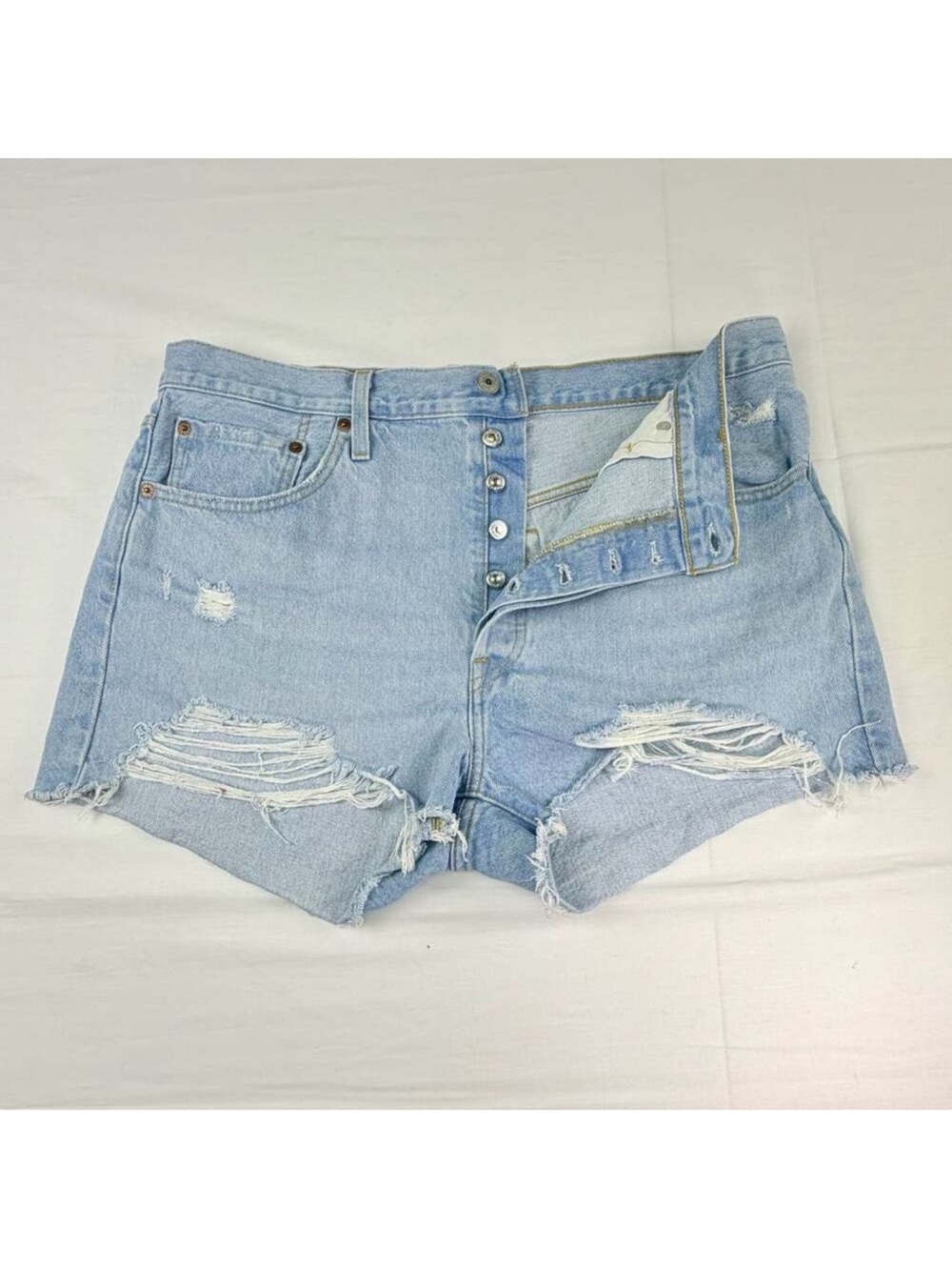 Button-Front Light Blue Distressed Denim Shorts